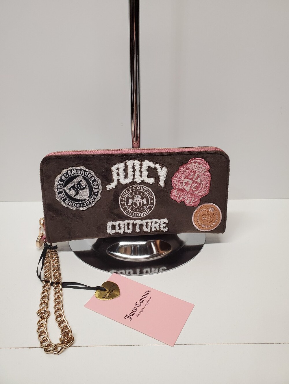 Juicy Couture Chocolate Velvet Wallet Wristlet with Pink Accents and Patches